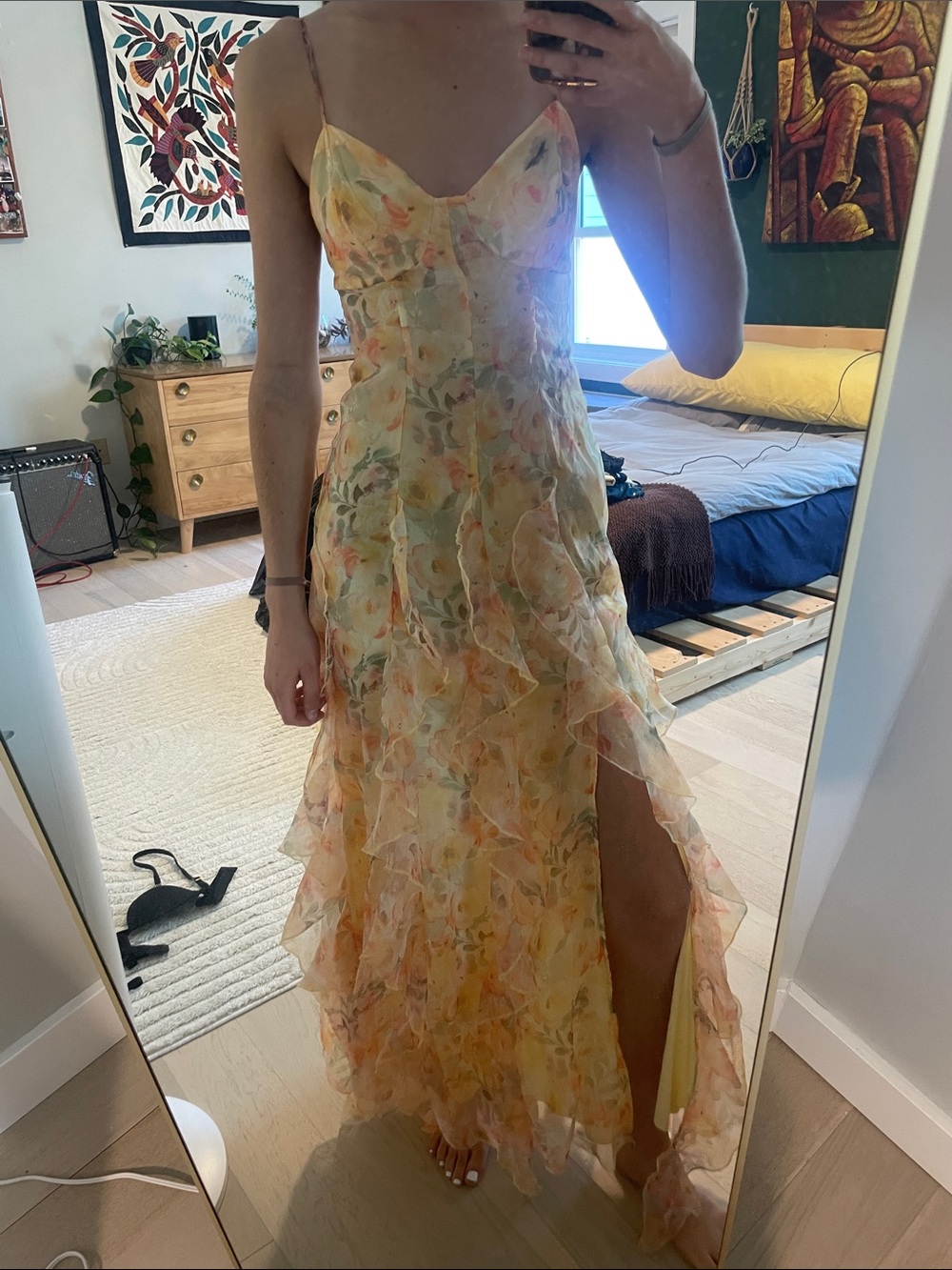 Yellow Floral Ruffled Slip Maxi Dress